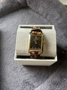 Michael Kors Gold-Tone Watch with Black Dial and Leopard Print Strap